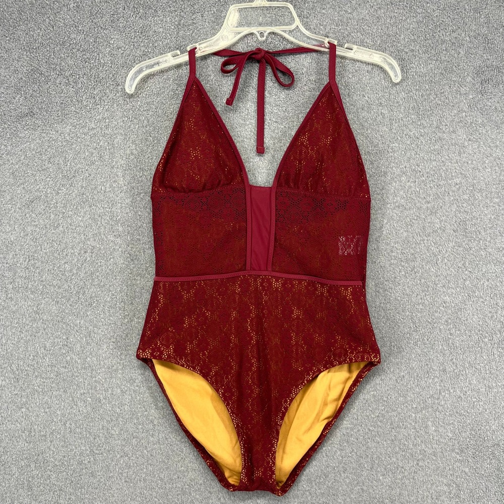 Mossimo Swimsuit Women L Burgundy Lace Halter One Piece V-Neck Mesh Red Lined